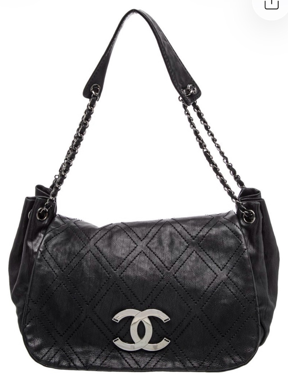 CHANEL Black Quilted Leather Shoulder Bag with Silver CC Emblem
